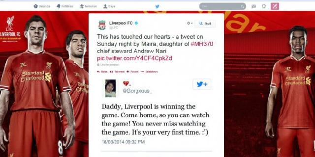  Jadi Fans, Liverpool Beri Semangat Putri Kru MH370