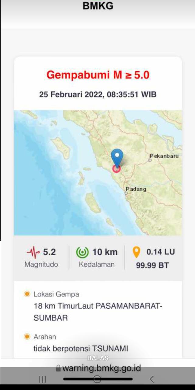 Gempa Magnitudo 6,2 Guncang Sumatera